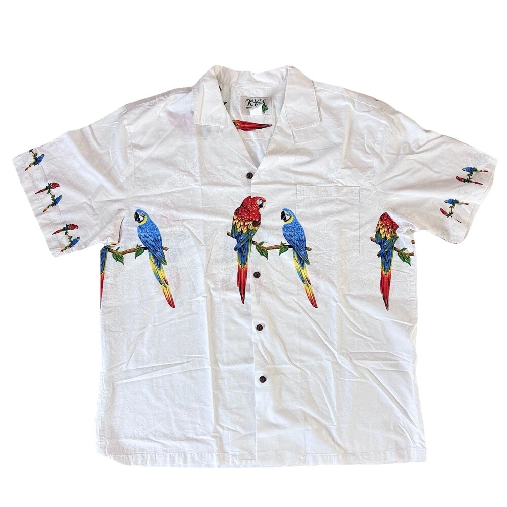 KY’S Made In Hawaii Shirt Mens XL White Macaw Parrot Tropical Aloha 100% Cotton